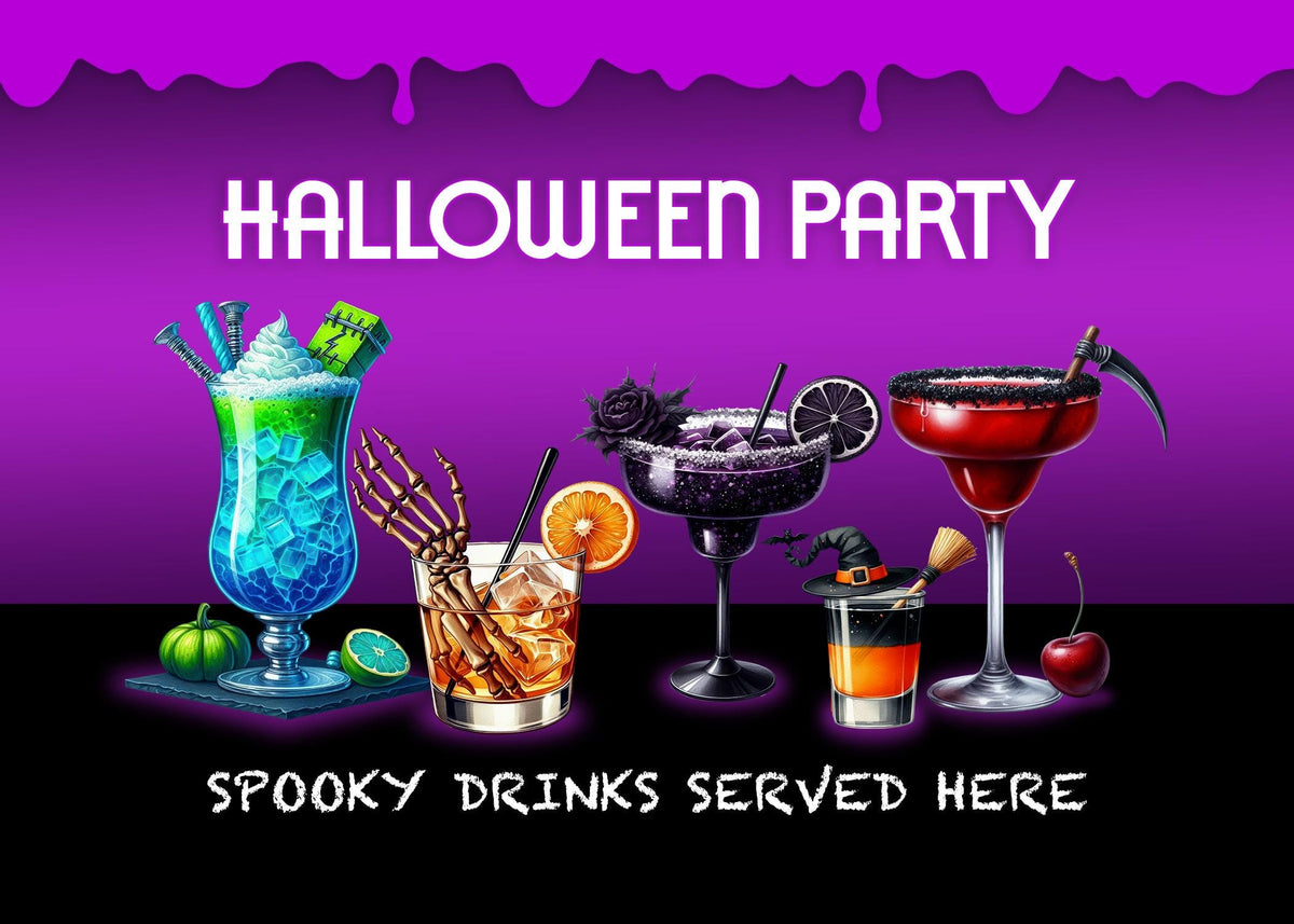 Halloween Cocktail Art Print: Spooky Alcoholic Drinks Party Bar Decoration Poster