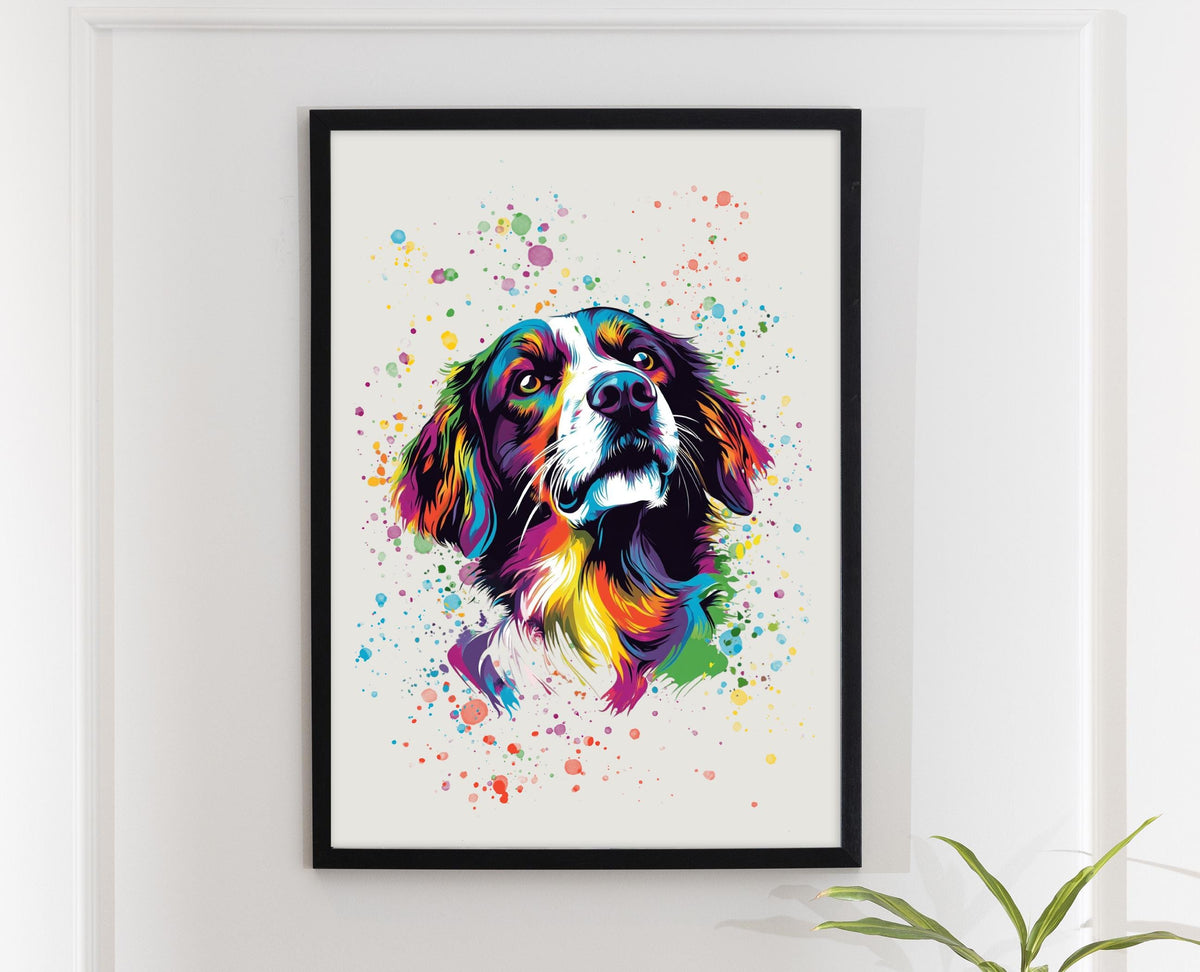 Colourful Spaniel Dog Print: Modern Bright Vibrant Art, Gallery Wall Poster, Rainbow Paint Splatter Wall Art
