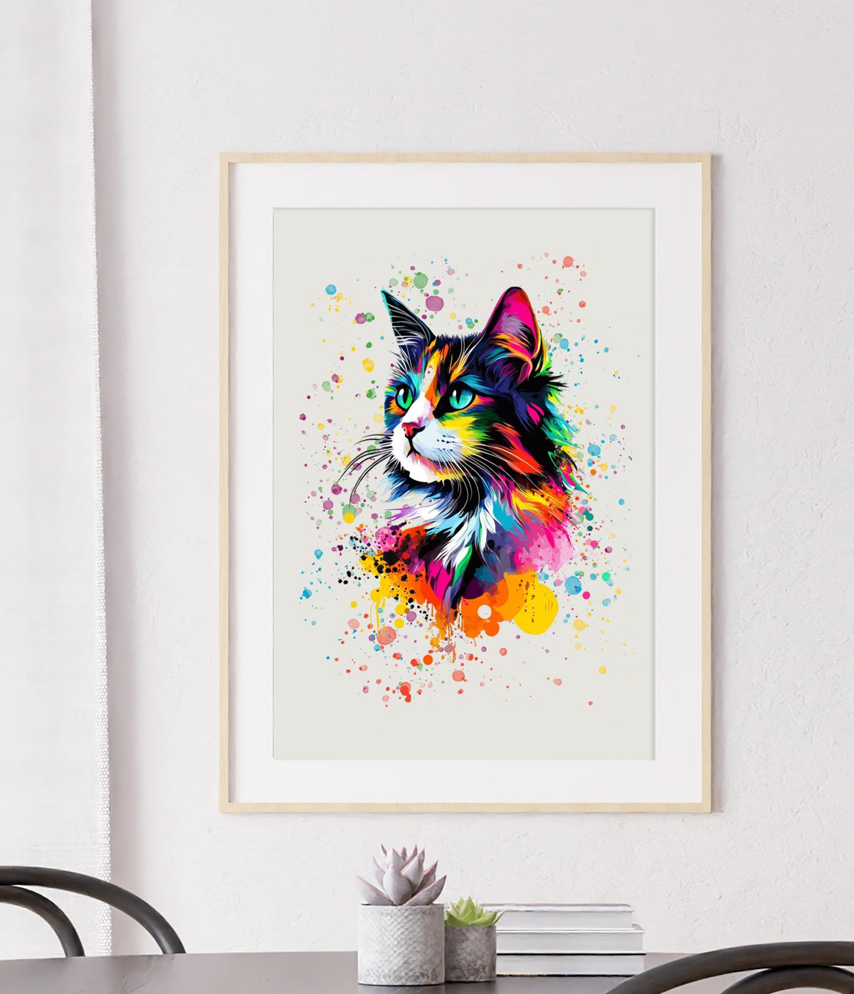 Colourful Cat Art Print: Modern Bright Rainbow Painted Poster, Pet Gallery Decor Gift
