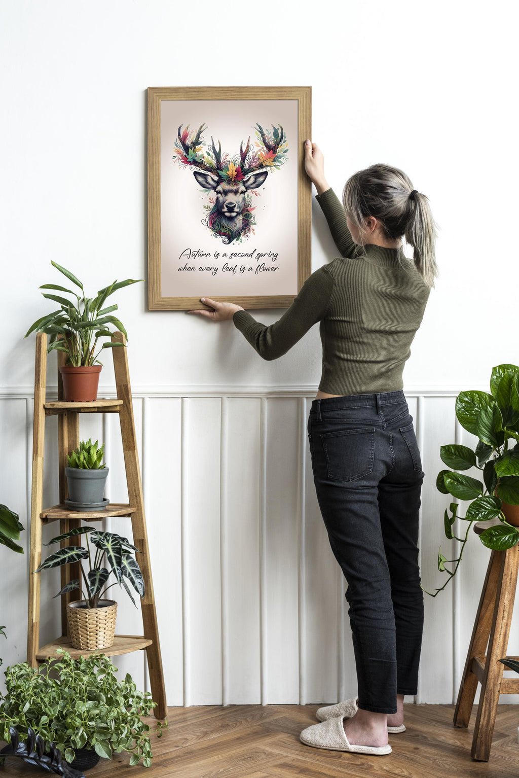 Autumn Art Decor Print: Farmhouse Fall Watercolour Deer Painting with quote