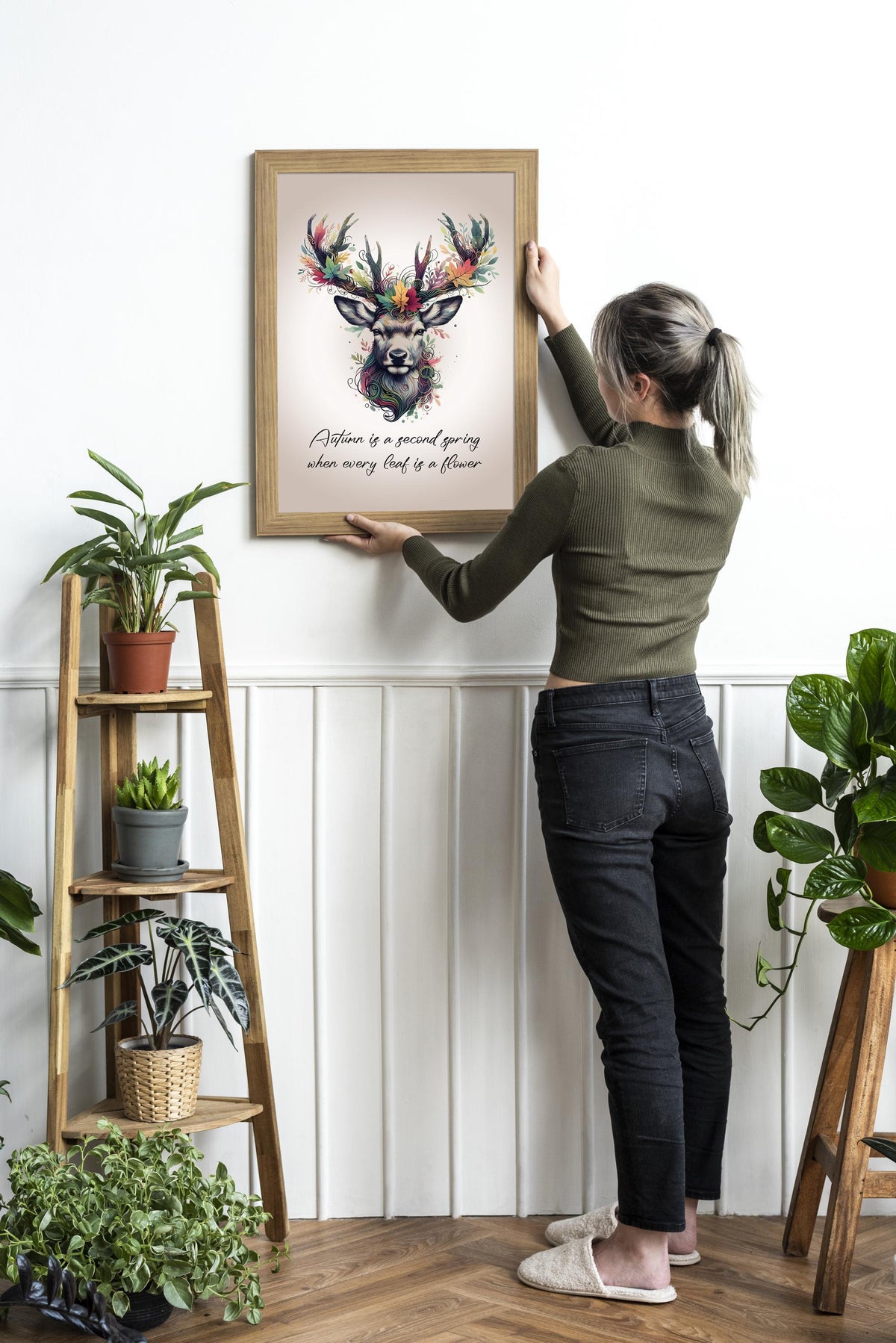 Autumn Art Decor Print: Farmhouse Fall Watercolour Deer Painting with quote
