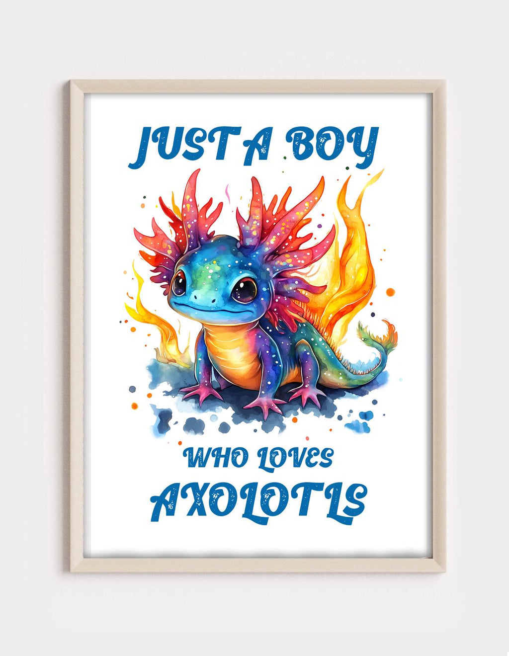 Axolotl Print, Boys Blue Bedroom Decor, Bright Vibrant Playroom Poster, Mythical Animal Wall Art, Fire Creature Illustration