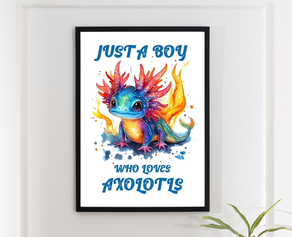 Axolotl Print, Boys Blue Bedroom Decor, Bright Vibrant Playroom Poster, Mythical Animal Wall Art, Fire Creature Illustration