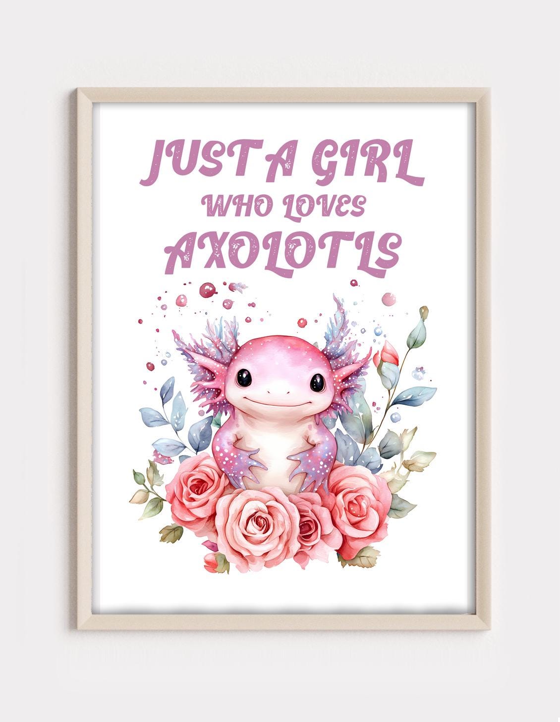 Axolotl girls bedroom wall art print: Bright pastel Children's playroom animal poster