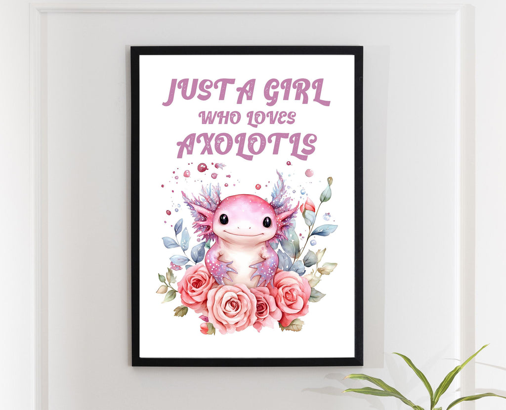 Axolotl girls bedroom wall art print: Bright pastel Children's playroom animal poster