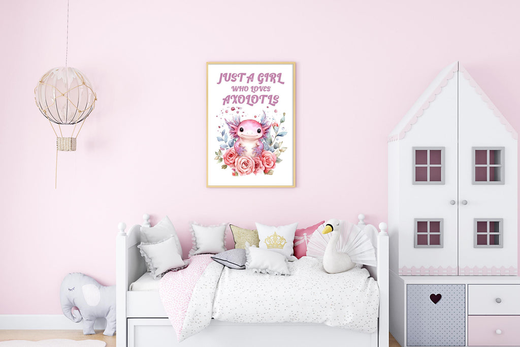Axolotl girls bedroom wall art print: Bright pastel Children's playroom animal poster