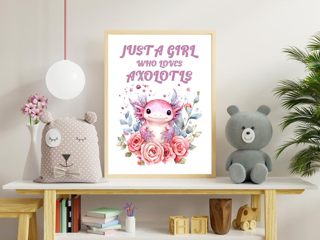 Axolotl girls bedroom wall art print: Bright pastel Children's playroom animal poster