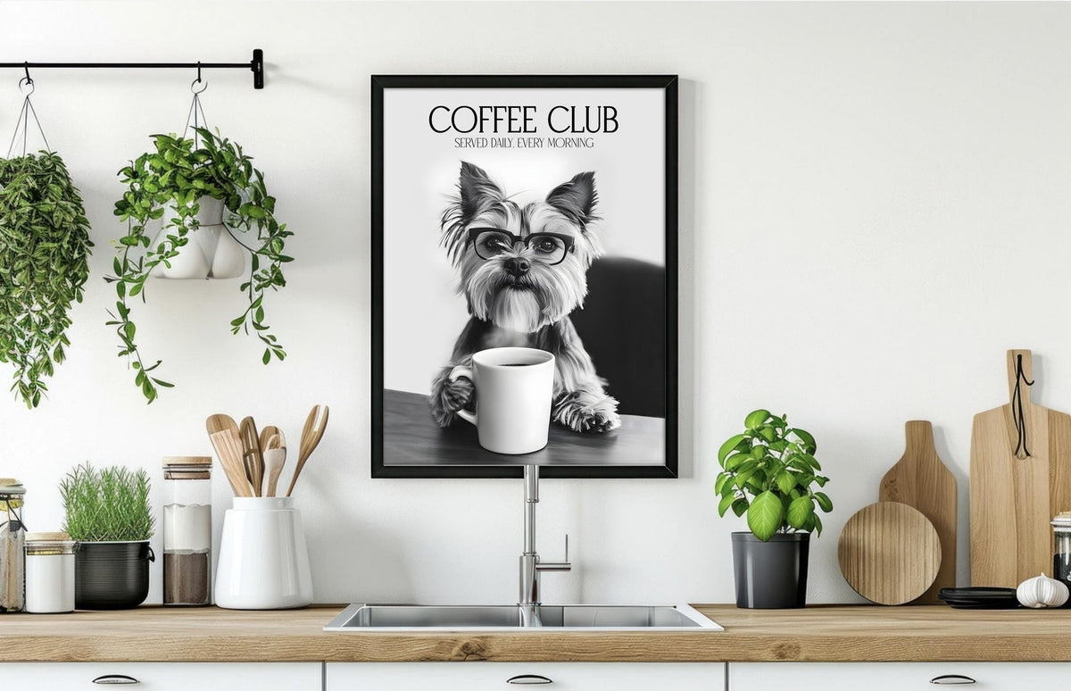 Yorkshire Terrier Print, Dog Coffee Poster, Coffee Shop Decor, Coffee Drinker Gift, Dogs Drinking Coffee Wall Art, A4 A5