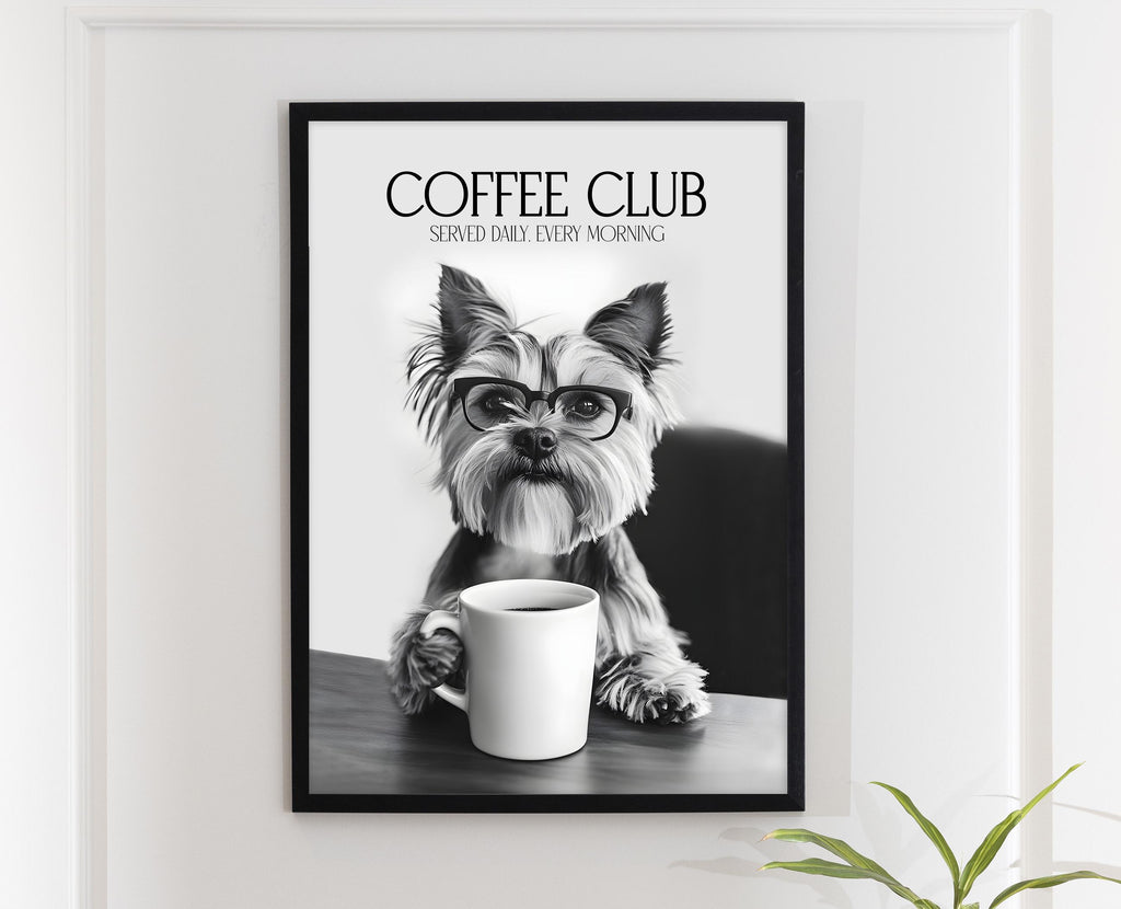 Yorkshire Terrier Print, Dog Coffee Poster, Coffee Shop Decor, Coffee Drinker Gift, Dogs Drinking Coffee Wall Art, A4 A5