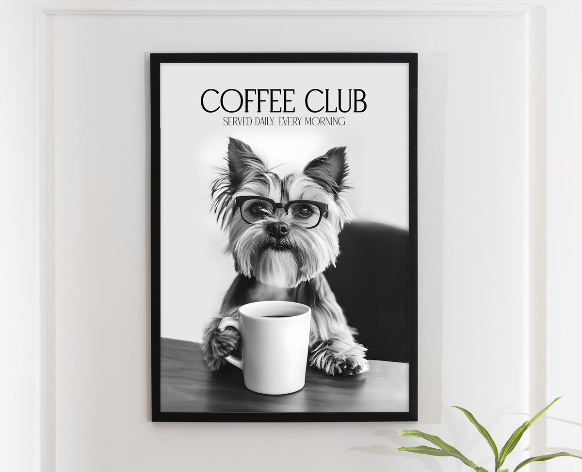 Yorkshire Terrier Print, Dog Coffee Poster, Coffee Shop Decor, Coffee Drinker Gift, Dogs Drinking Coffee Wall Art, A4 A5