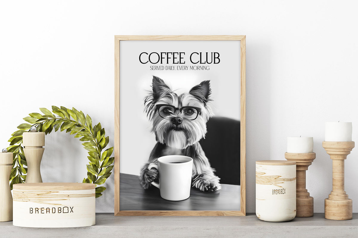Yorkshire Terrier Print, Dog Coffee Poster, Coffee Shop Decor, Coffee Drinker Gift, Dogs Drinking Coffee Wall Art, A4 A5