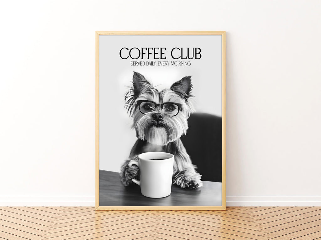 Yorkshire Terrier Print, Dog Coffee Poster, Coffee Shop Decor, Coffee Drinker Gift, Dogs Drinking Coffee Wall Art, A4 A5