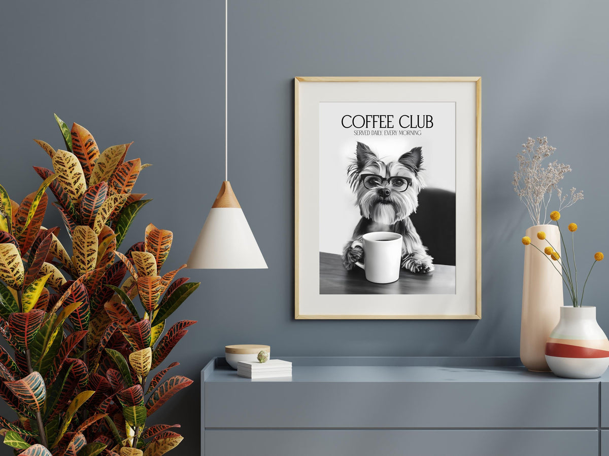 Yorkshire Terrier Print, Dog Coffee Poster, Coffee Shop Decor, Coffee Drinker Gift, Dogs Drinking Coffee Wall Art, A4 A5
