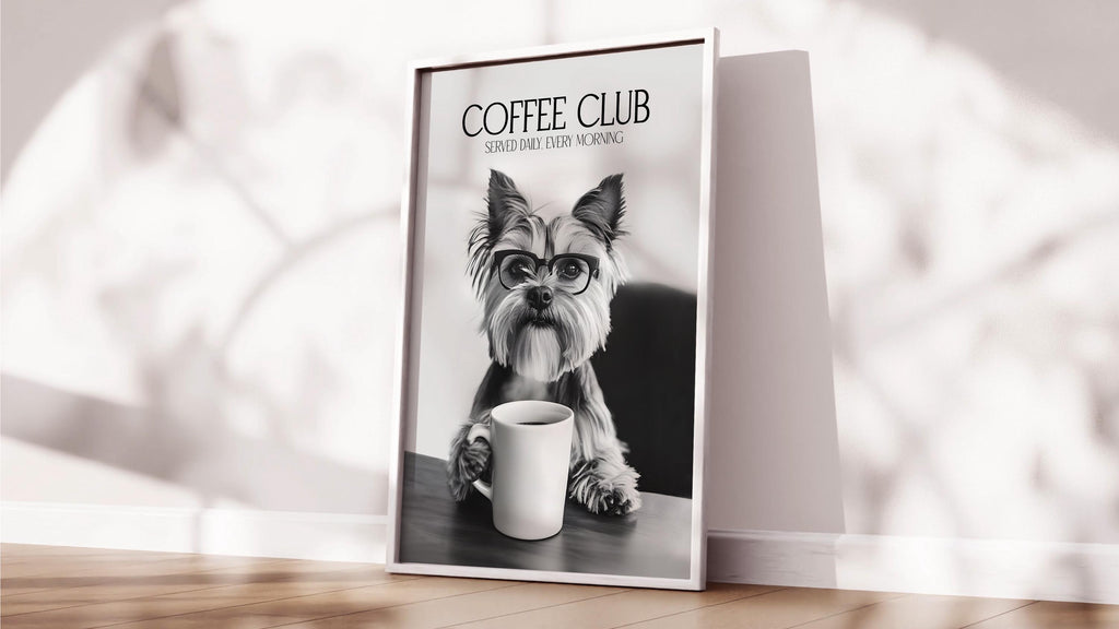 Yorkshire Terrier Print, Dog Coffee Poster, Coffee Shop Decor, Coffee Drinker Gift, Dogs Drinking Coffee Wall Art, A4 A5