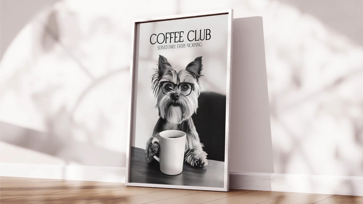 Yorkshire Terrier Print, Dog Coffee Poster, Coffee Shop Decor, Coffee Drinker Gift, Dogs Drinking Coffee Wall Art, A4 A5