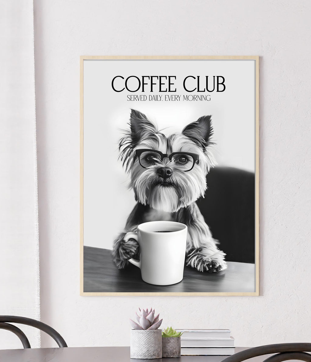 Yorkshire Terrier Print, Dog Coffee Poster, Coffee Shop Decor, Coffee Drinker Gift, Dogs Drinking Coffee Wall Art, A4 A5