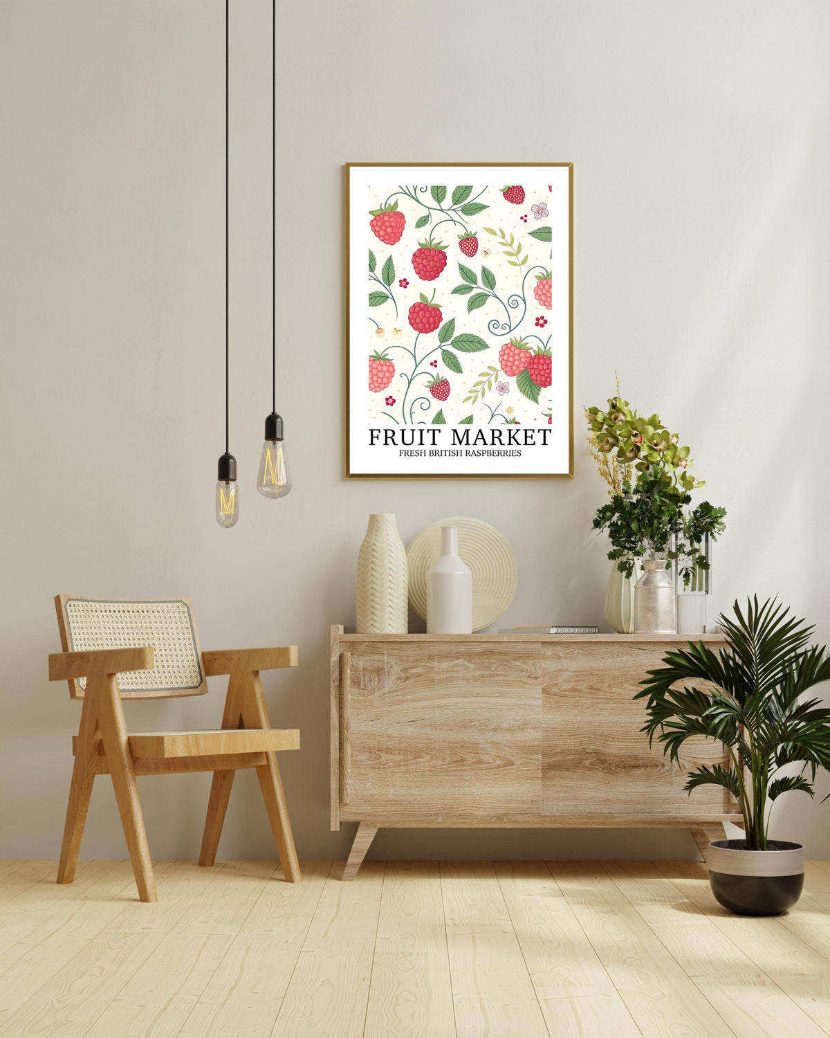 Botanical Raspberry Kitchen Print: British Fruit Farm Gift, Cute Gift For Her, Bold Cottage Core Poster