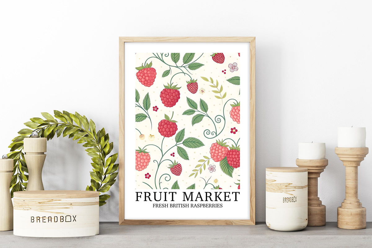 Botanical Raspberry Kitchen Print: British Fruit Farm Gift, Cute Gift For Her, Bold Cottage Core Poster