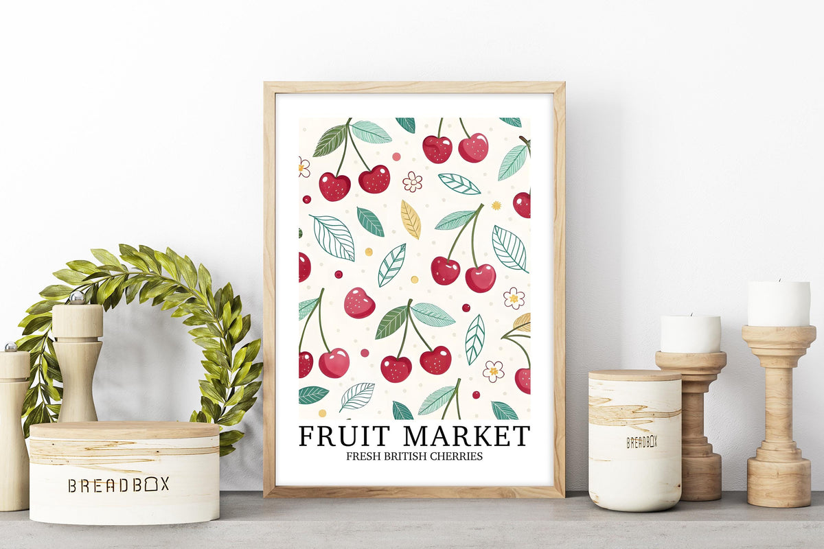 Cherry Kitchen Print: Country Cottage Dresser Decor, Bold Fruit Market Poster, Whimsical Vintage Wall Art, Birthday Gift for Her