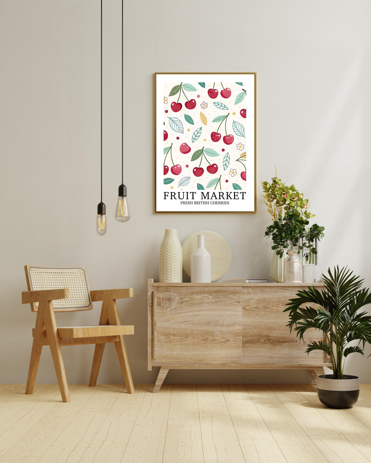 Cherry Kitchen Print: Country Cottage Dresser Decor, Bold Fruit Market Poster, Whimsical Vintage Wall Art, Birthday Gift for Her