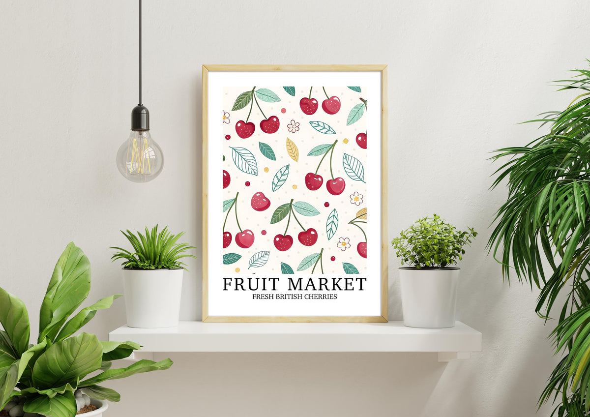 Cherry Kitchen Print: Country Cottage Dresser Decor, Bold Fruit Market Poster, Whimsical Vintage Wall Art, Birthday Gift for Her
