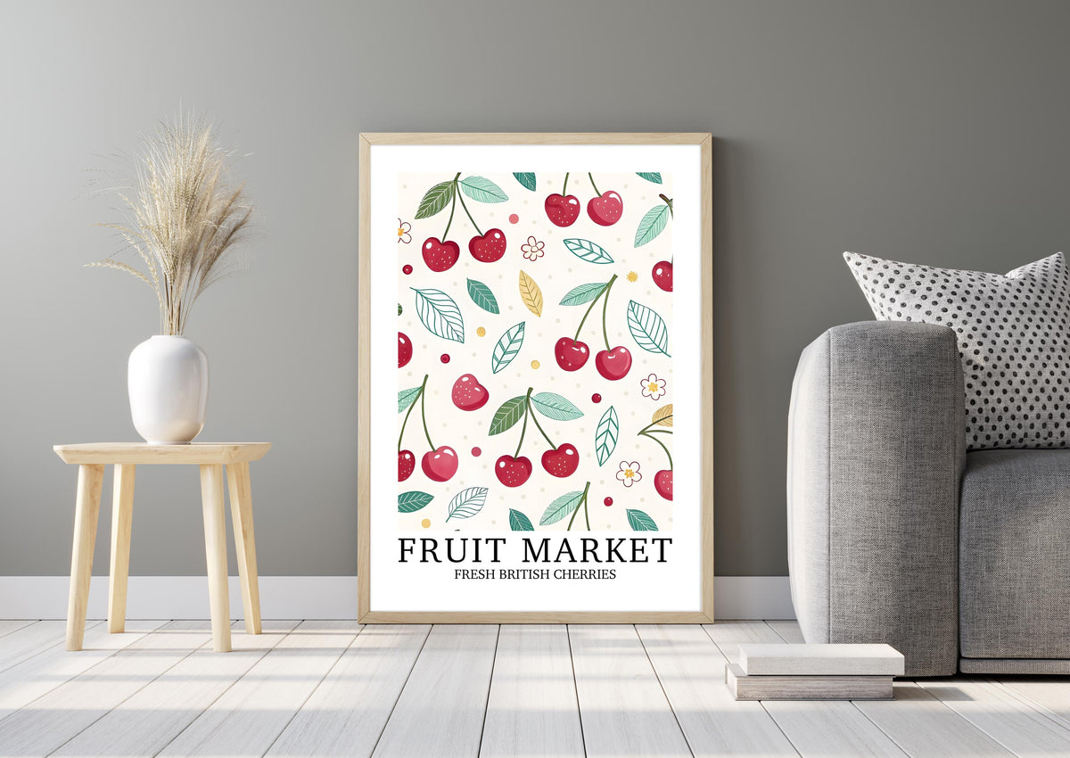 Cherry Kitchen Print: Country Cottage Dresser Decor, Bold Fruit Market Poster, Whimsical Vintage Wall Art, Birthday Gift for Her