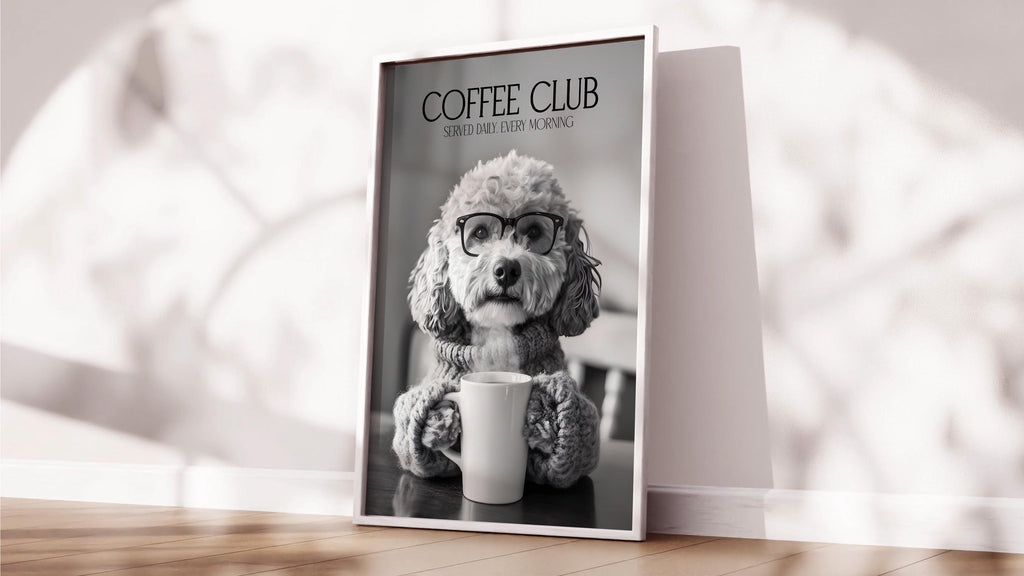 Cockapoo Dog Print, Coffee Club Wall Art, Funny Kitchen Decor, B&W Dog Drinking Poster, Humorous Pet Photograph