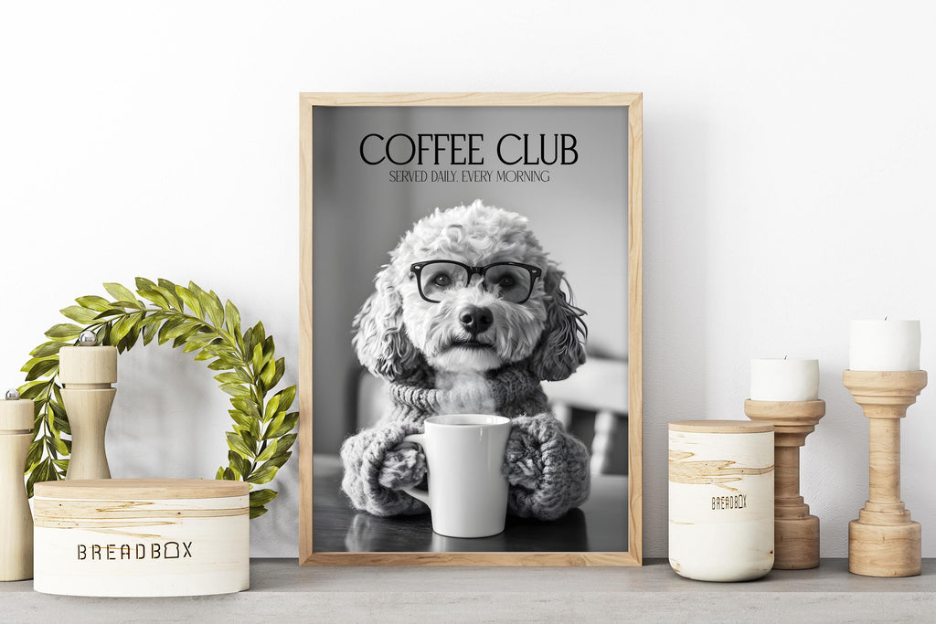Cockapoo Dog Print, Coffee Club Wall Art, Funny Kitchen Decor, B&W Dog Drinking Poster, Humorous Pet Photograph