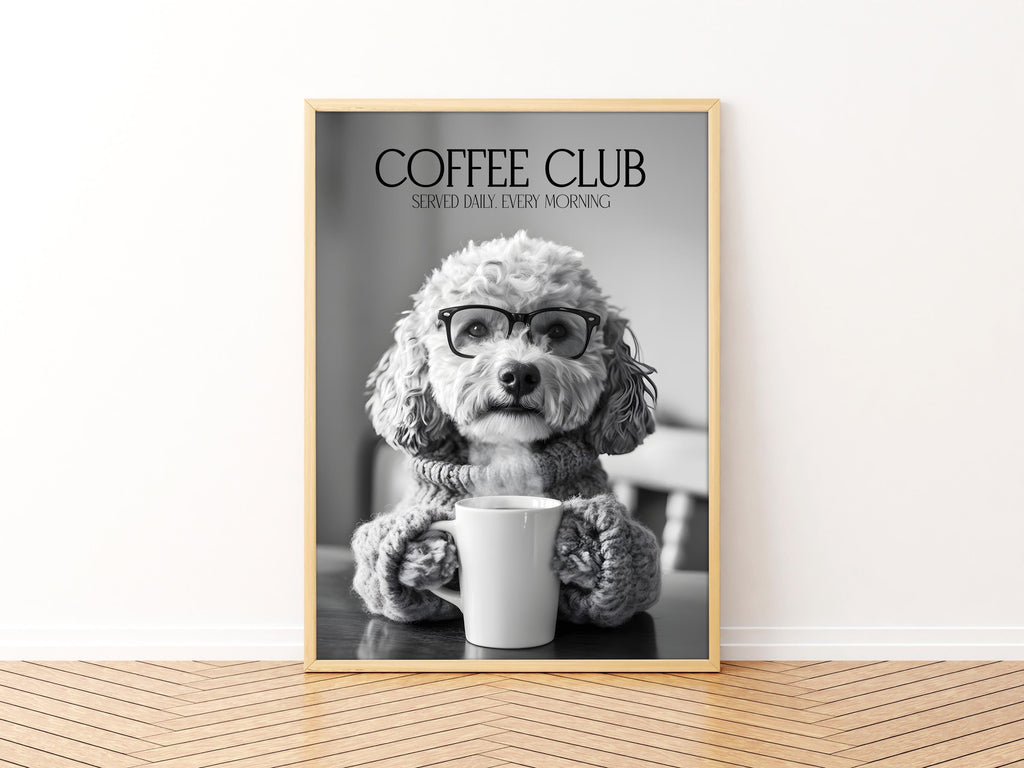 Cockapoo Dog Print, Coffee Club Wall Art, Funny Kitchen Decor, B&W Dog Drinking Poster, Humorous Pet Photograph