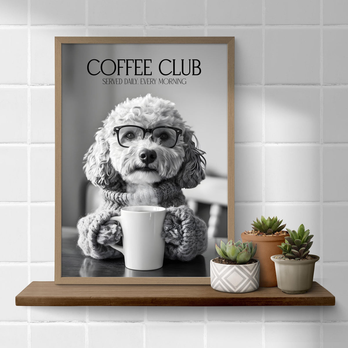 Cockapoo Dog Print, Coffee Club Wall Art, Funny Kitchen Decor, B&W Dog Drinking Poster, Humorous Pet Photograph