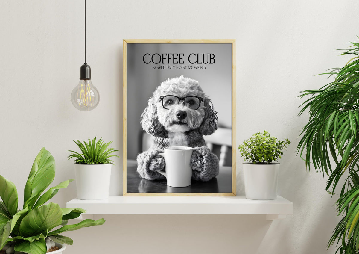 Cockapoo Dog Print, Coffee Club Wall Art, Funny Kitchen Decor, B&W Dog Drinking Poster, Humorous Pet Photograph