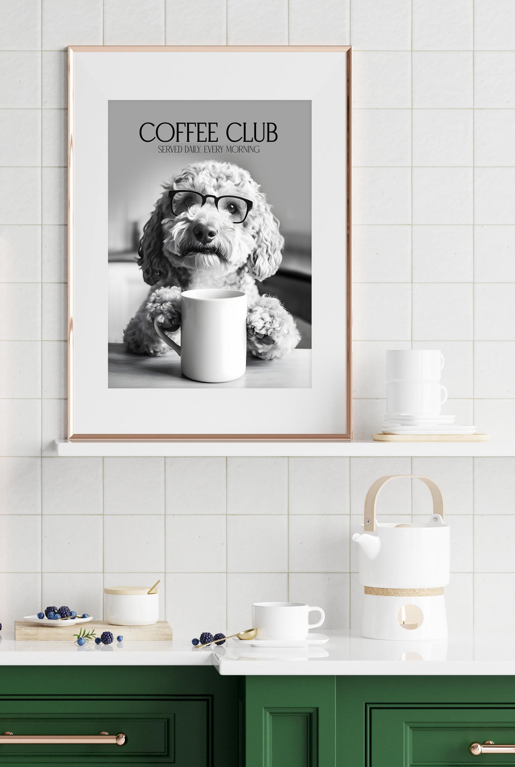 Labradoodle Wall Art Print: Funny Dog Vet Gift, Black & White Dogs Drinking Poster, Dogs with Coffee