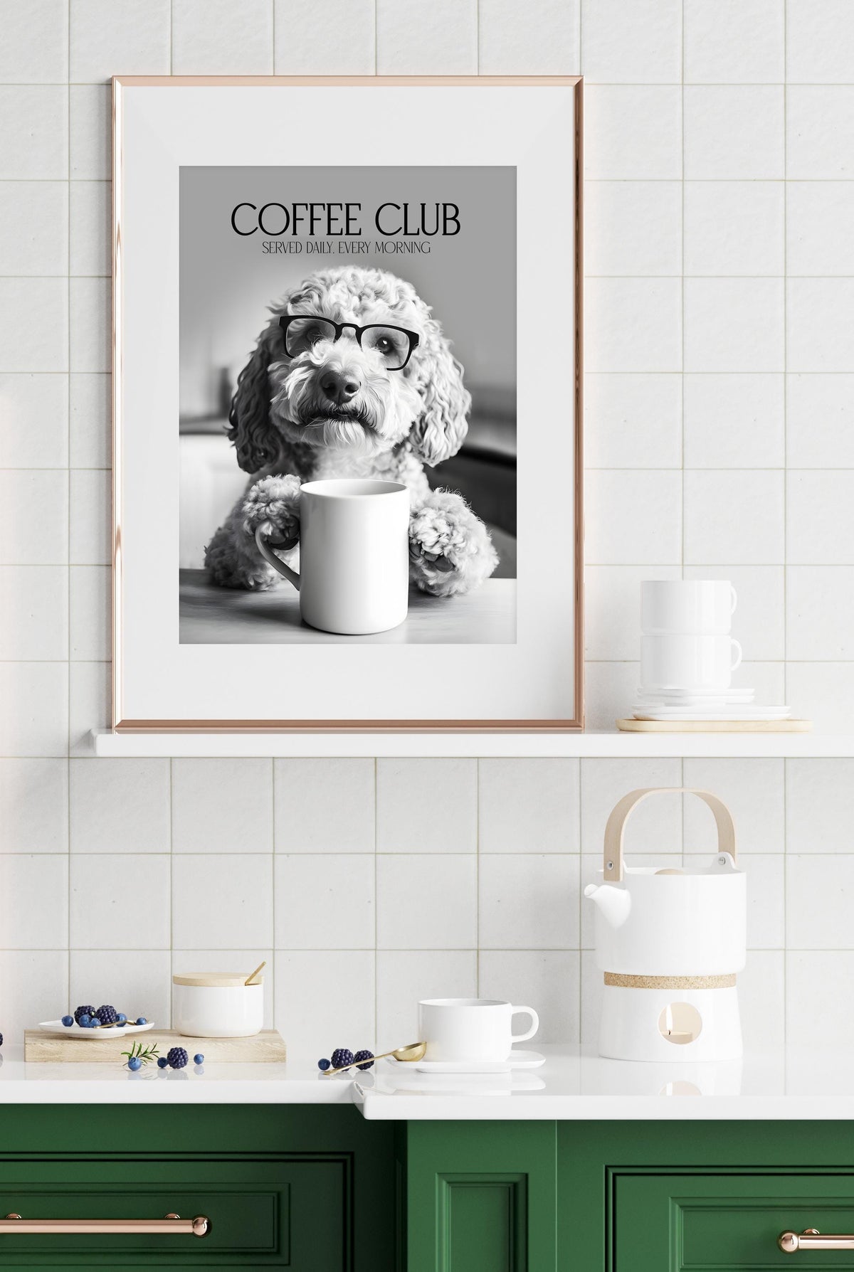 Labradoodle Wall Art Print: Funny Dog Vet Gift, Black & White Dogs Drinking Poster, Dogs with Coffee