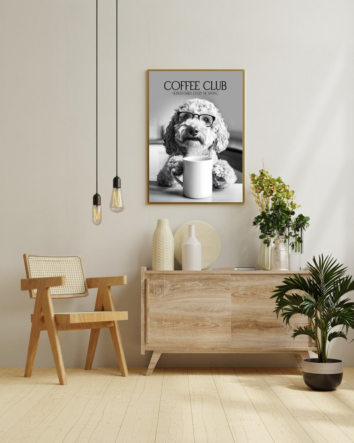 Labradoodle Wall Art Print: Funny Dog Vet Gift, Black & White Dogs Drinking Poster, Dogs with Coffee