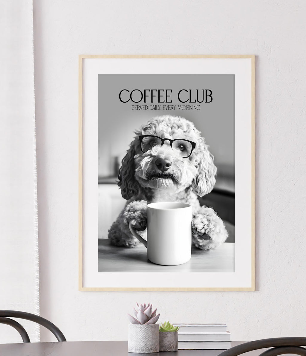Labradoodle Wall Art Print: Funny Dog Vet Gift, Black & White Dogs Drinking Poster, Dogs with Coffee
