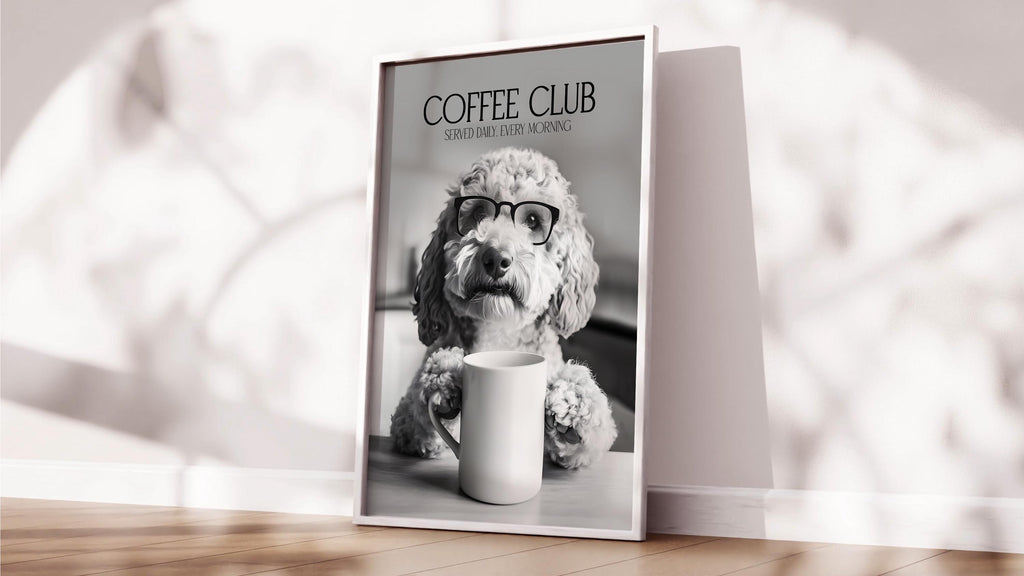 Labradoodle Wall Art Print: Funny Dog Vet Gift, Black & White Dogs Drinking Poster, Dogs with Coffee