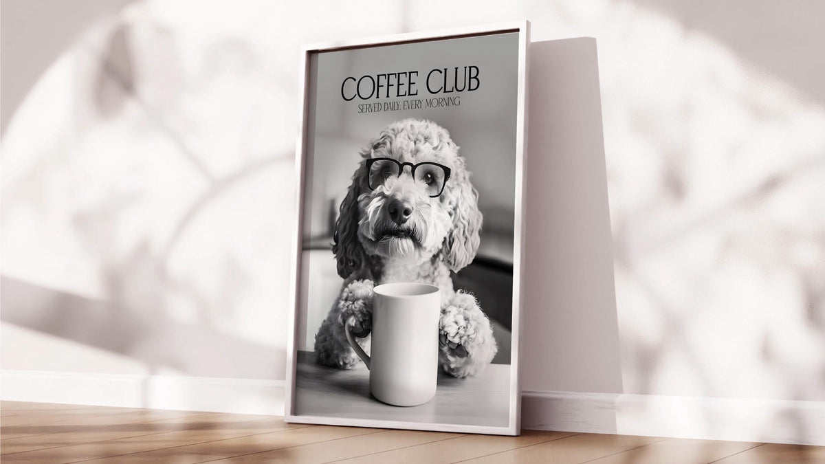 Labradoodle Wall Art Print: Funny Dog Vet Gift, Black & White Dogs Drinking Poster, Dogs with Coffee