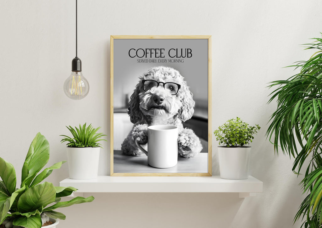 Labradoodle Wall Art Print: Funny Dog Vet Gift, Black & White Dogs Drinking Poster, Dogs with Coffee