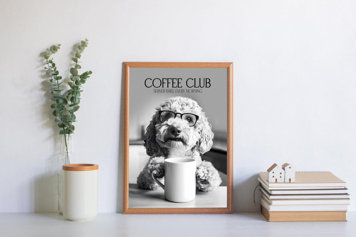 Labradoodle Wall Art Print: Funny Dog Vet Gift, Black & White Dogs Drinking Poster, Dogs with Coffee