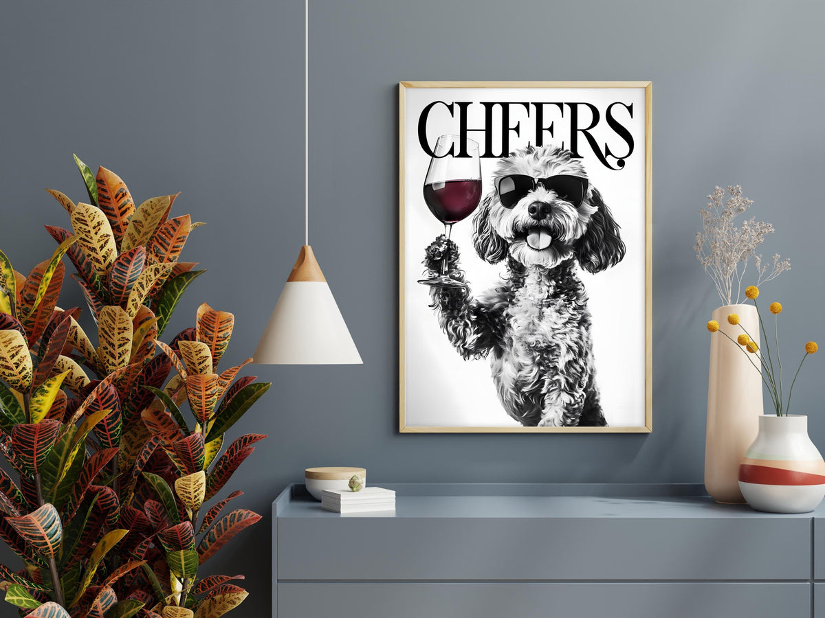 Cockapoo Black & White Funny Print, Monochrome Dog Photo Wall Art, Bold Typography Red Wine Artwork, Glossy Bold Type Poster