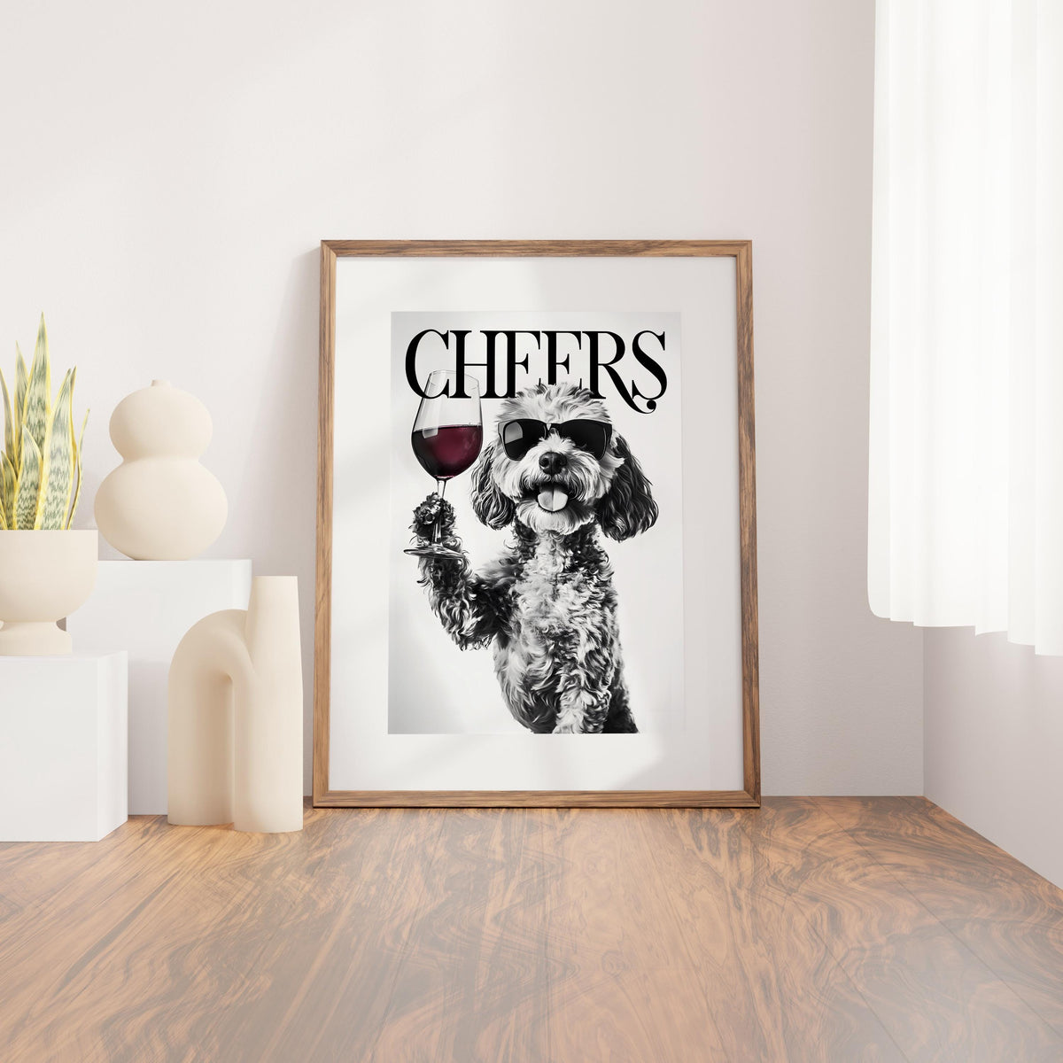 Cockapoo Black & White Funny Print, Monochrome Dog Photo Wall Art, Bold Typography Red Wine Artwork, Glossy Bold Type Poster