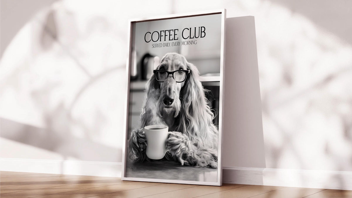 Afghan Hound Monochrome Print: Funny Dog Kitchen Wall Art, Black & White Coffee Drinking Poster, Pet Owner Photo Artwork