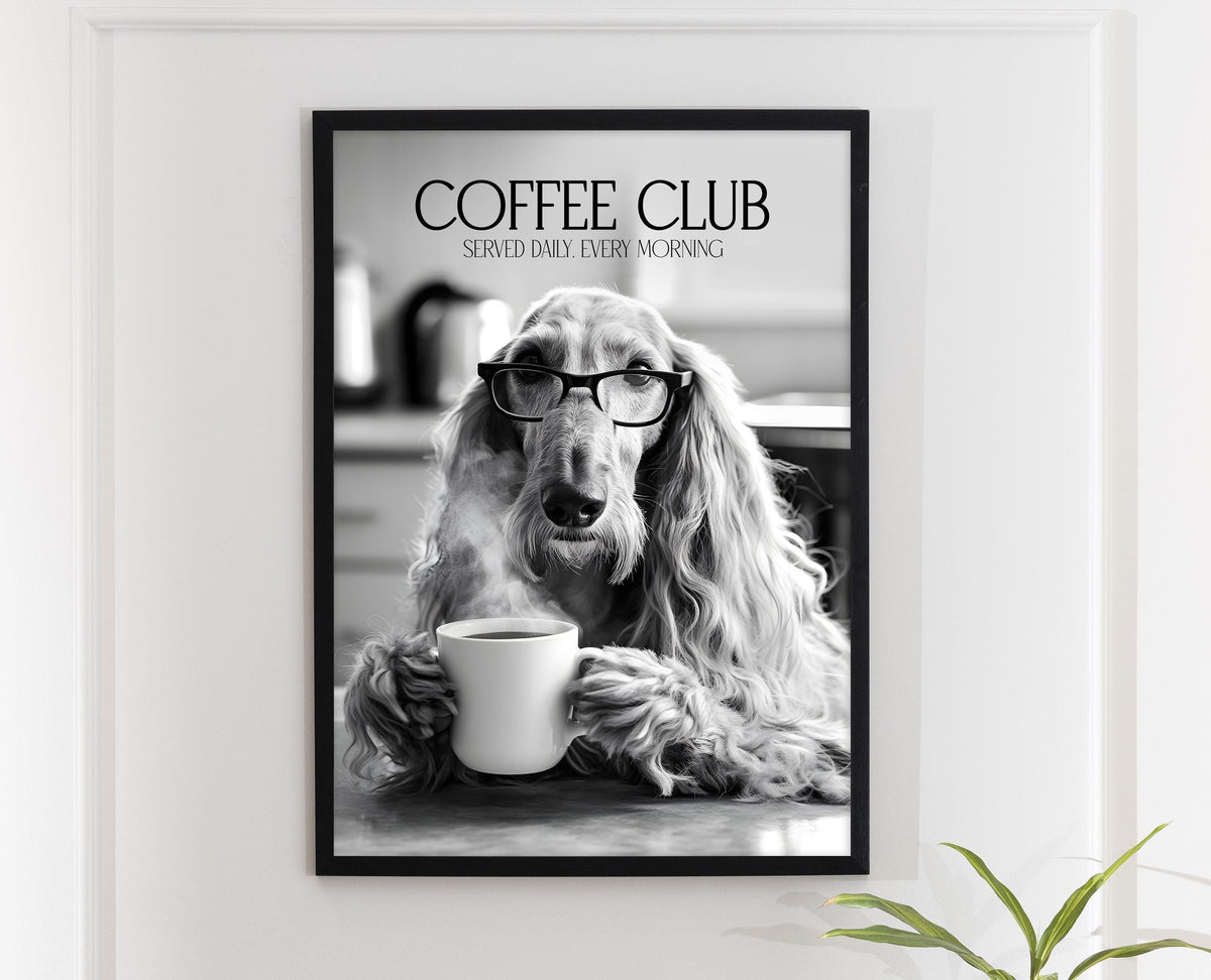 Afghan Hound Monochrome Print: Funny Dog Kitchen Wall Art, Black & White Coffee Drinking Poster, Pet Owner Photo Artwork