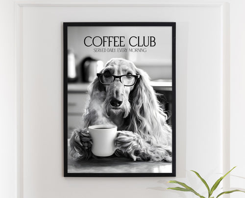 Afghan Hound Monochrome Print: Funny Dog Kitchen Wall Art, Black & White Coffee Drinking Poster, Pet Owner Photo Artwork