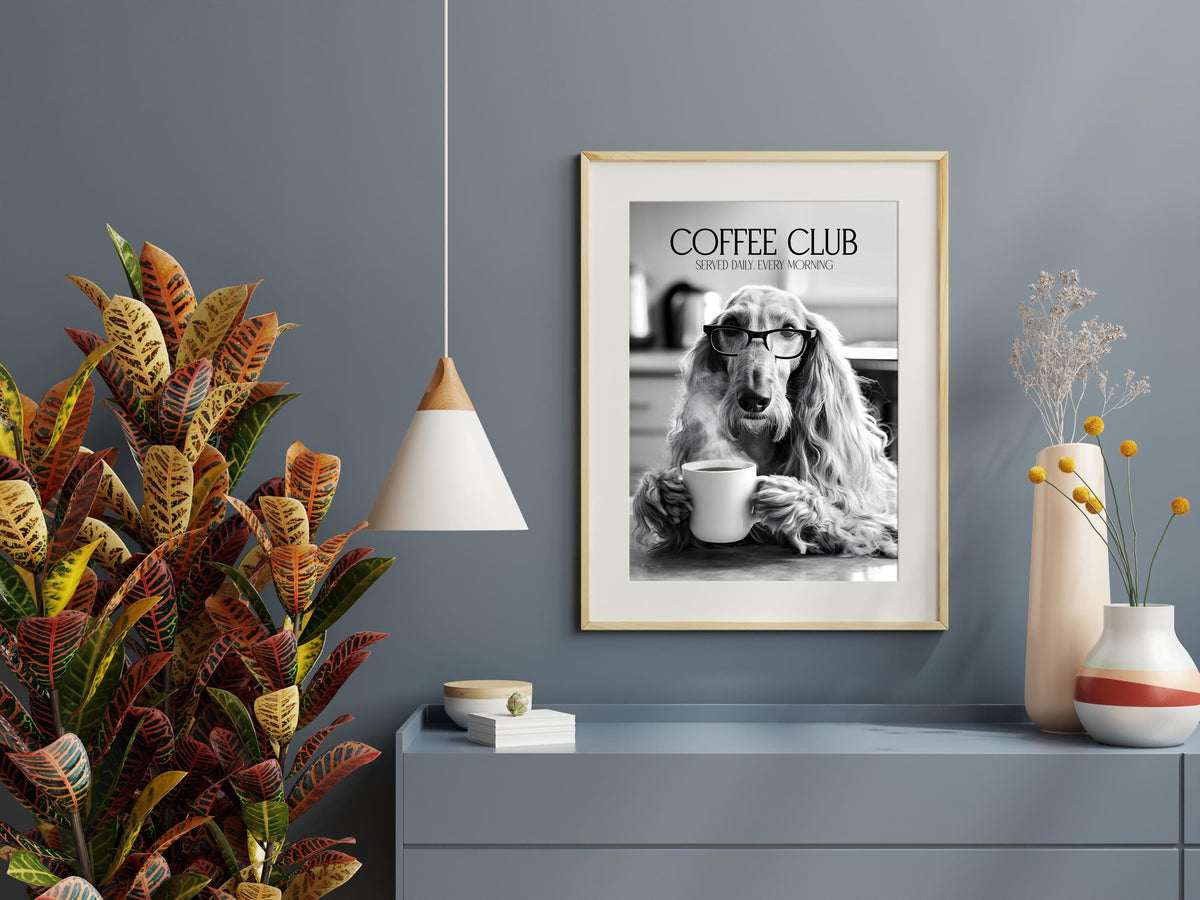Afghan Hound Monochrome Print: Funny Dog Kitchen Wall Art, Black & White Coffee Drinking Poster, Pet Owner Photo Artwork