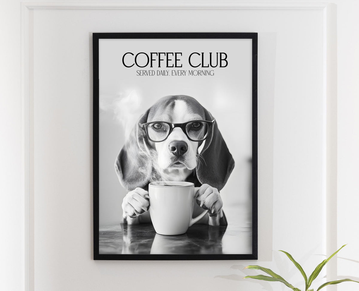 Beagle Monochrome Print: Funny Dog Kitchen Picture, Black & White Coffee Drinking Poster, Pet Owner Photo Poster, Cafe Humour Artwork