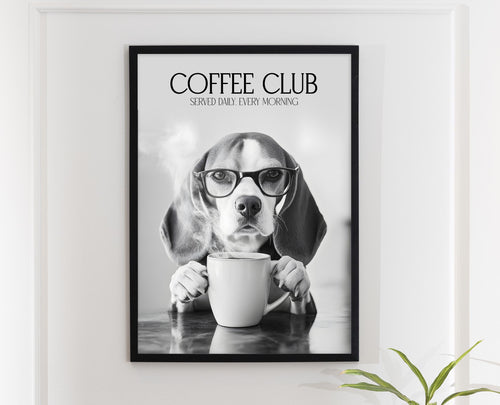 Beagle Monochrome Print: Funny Dog Kitchen Picture, Black & White Coffee Drinking Poster, Pet Owner Photo Poster, Cafe Humour Artwork