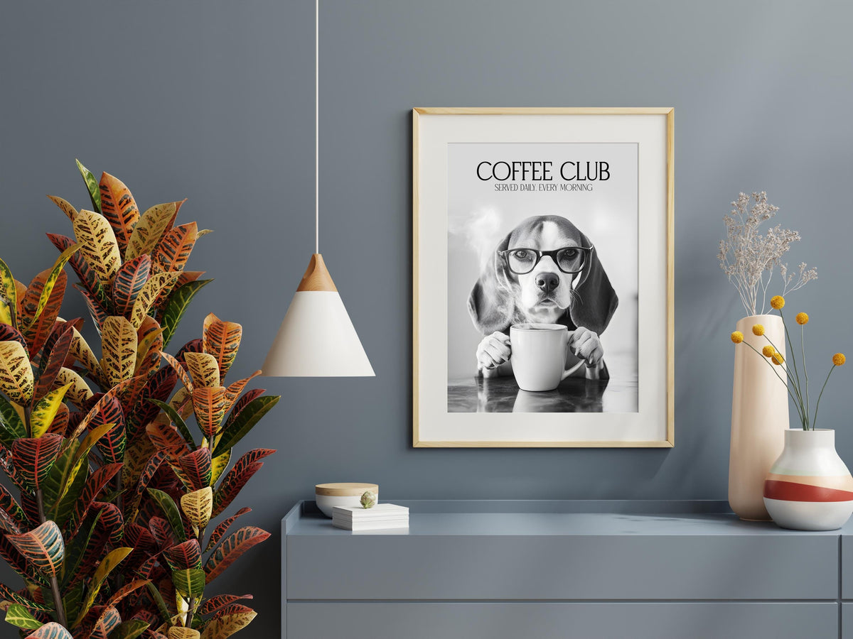 Beagle Monochrome Print: Funny Dog Kitchen Picture, Black & White Coffee Drinking Poster, Pet Owner Photo Poster, Cafe Humour Artwork