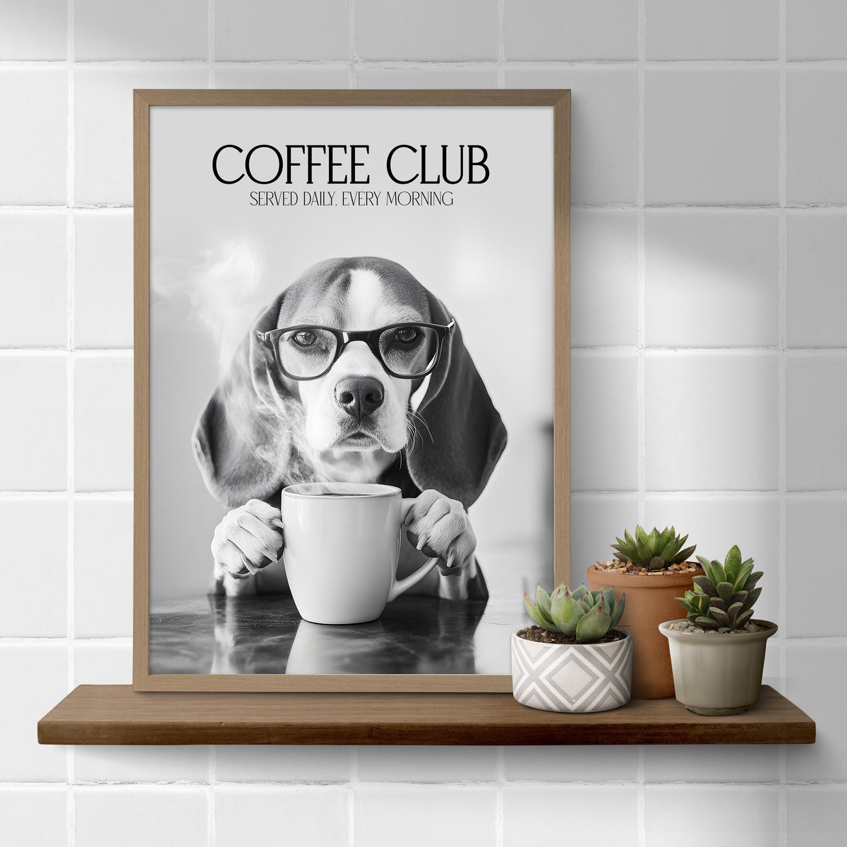 Beagle Monochrome Print: Funny Dog Kitchen Picture, Black & White Coffee Drinking Poster, Pet Owner Photo Poster, Cafe Humour Artwork