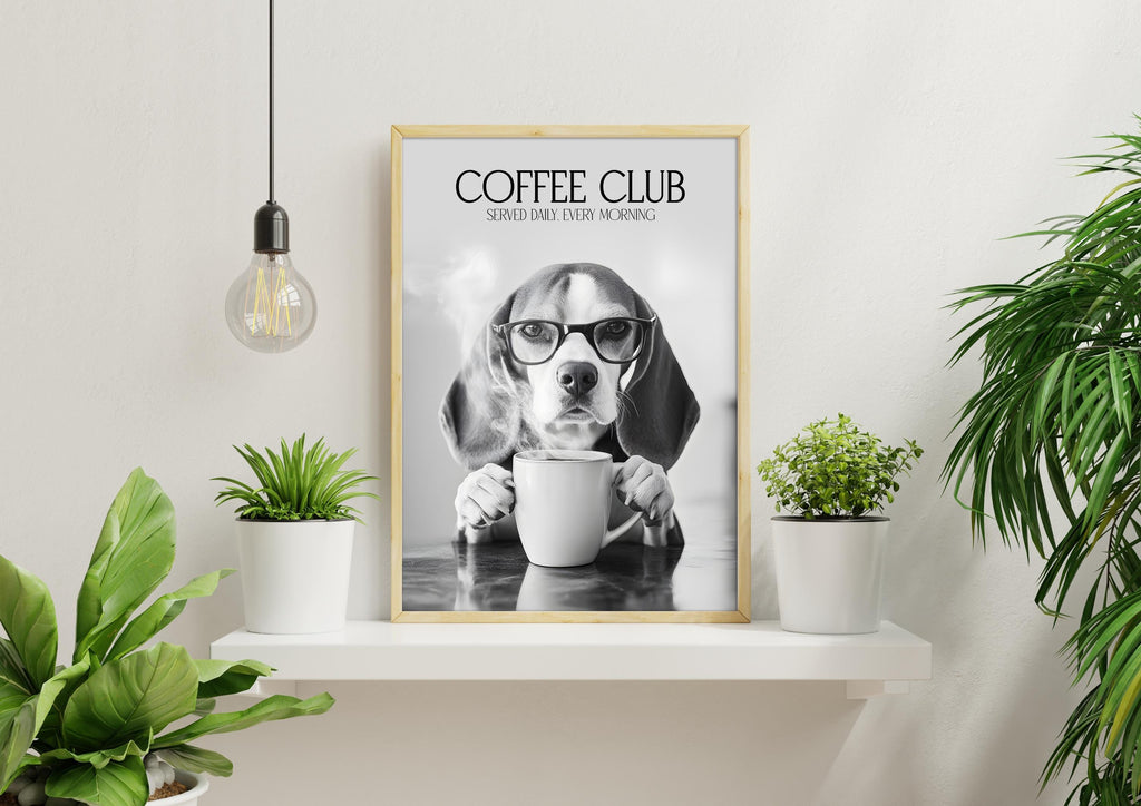 Beagle Monochrome Print: Funny Dog Kitchen Picture, Black & White Coffee Drinking Poster, Pet Owner Photo Poster, Cafe Humour Artwork